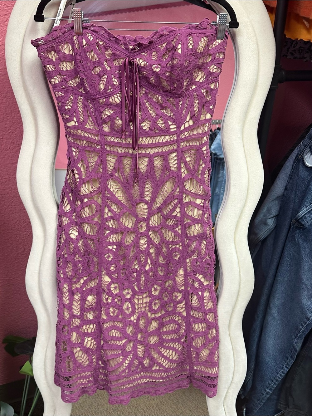 Betsey Johnson Strapless Crochet Lace Dress in Purple with Nude Lining